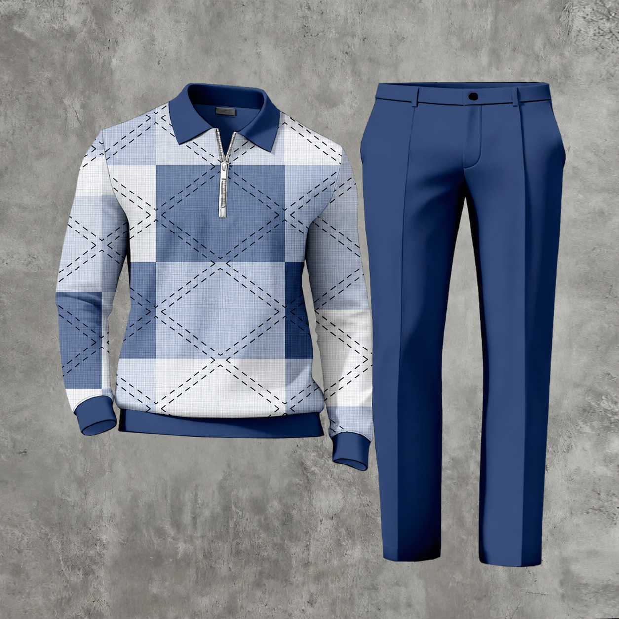 Men's Casual Color Matching Printed Polo-Collar Zipper Long Sleeved Trousers Two-Piece Set 1103