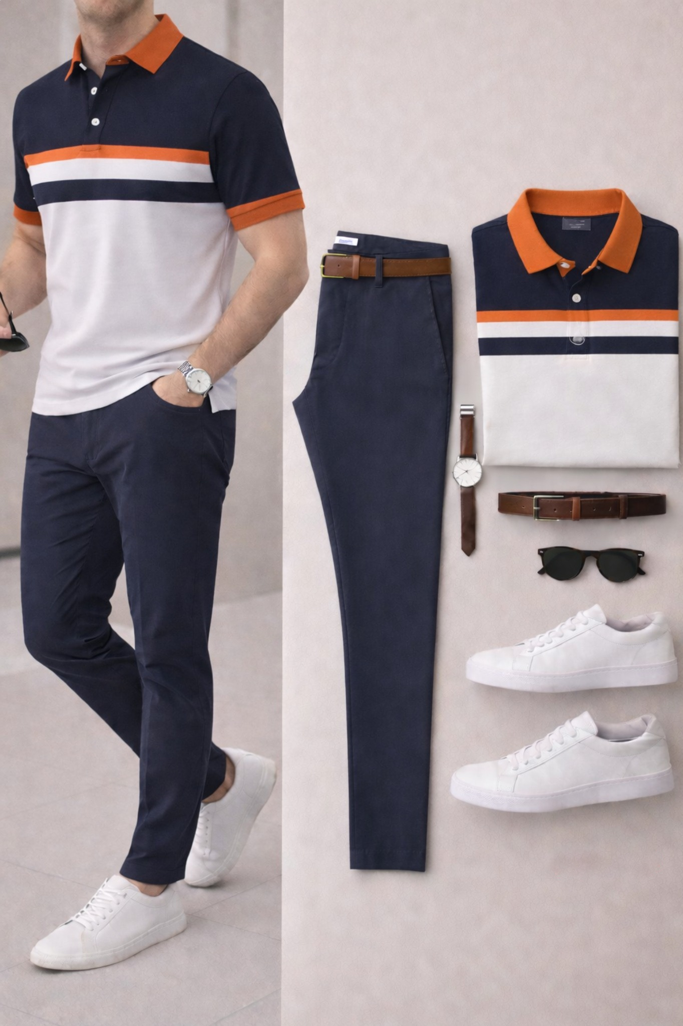 Men's Casual Navy Blue & Red Printed Polo Shirt And Pants Two-Piece Set