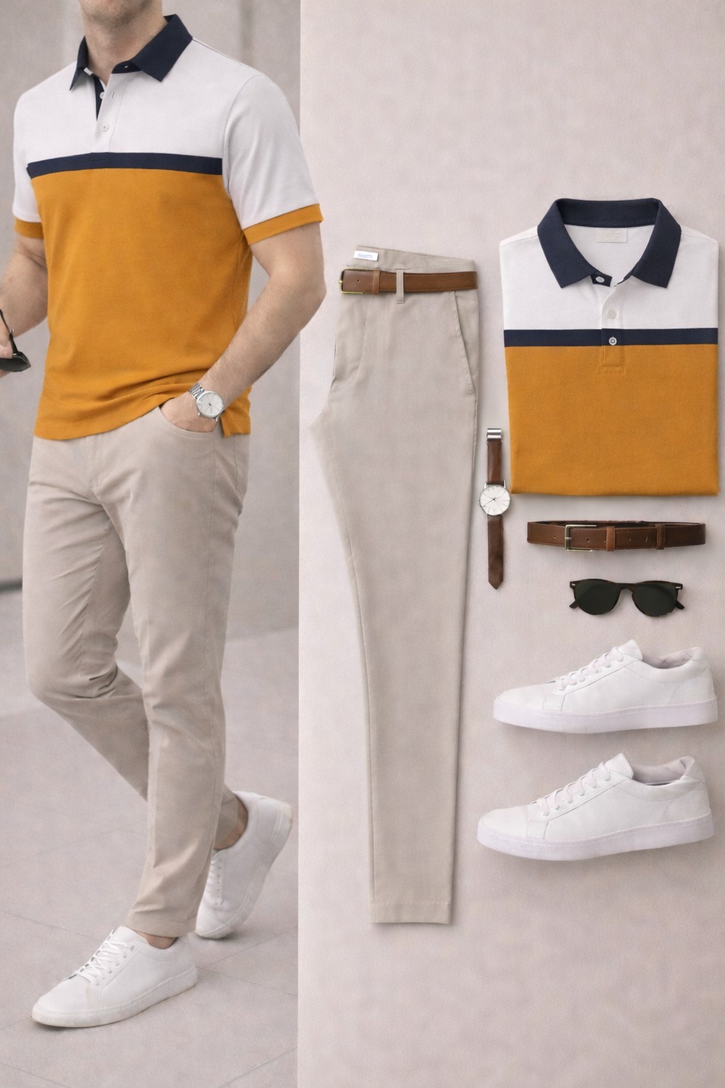 Men's Casual Navy Blue & Red Printed Polo Shirt And Pants Two-Piece Set