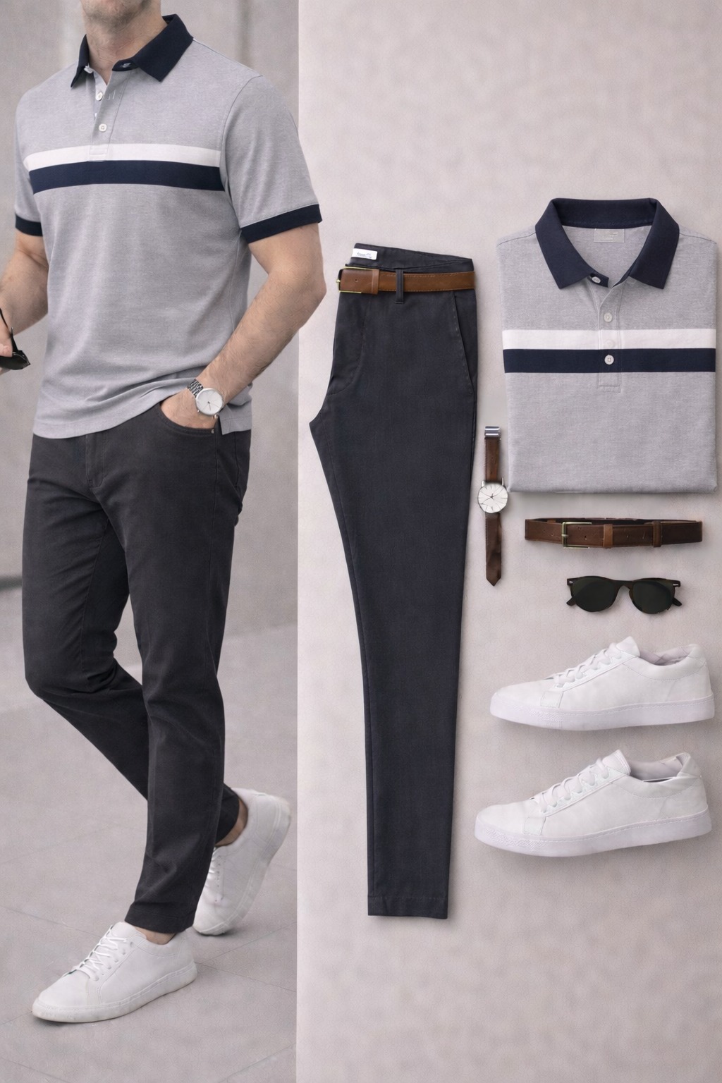 Men's Casual Navy Blue & Red Printed Polo Shirt And Pants Two-Piece Set