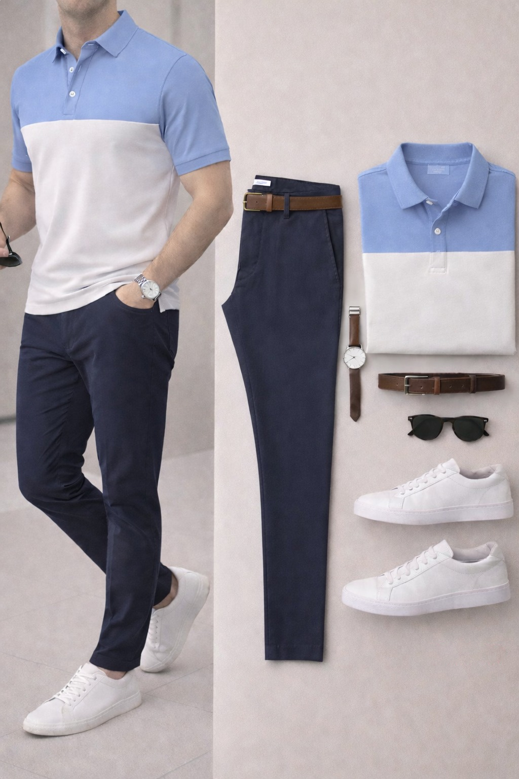 Men's Casual Navy Blue & Red Printed Polo Shirt And Pants Two-Piece Set