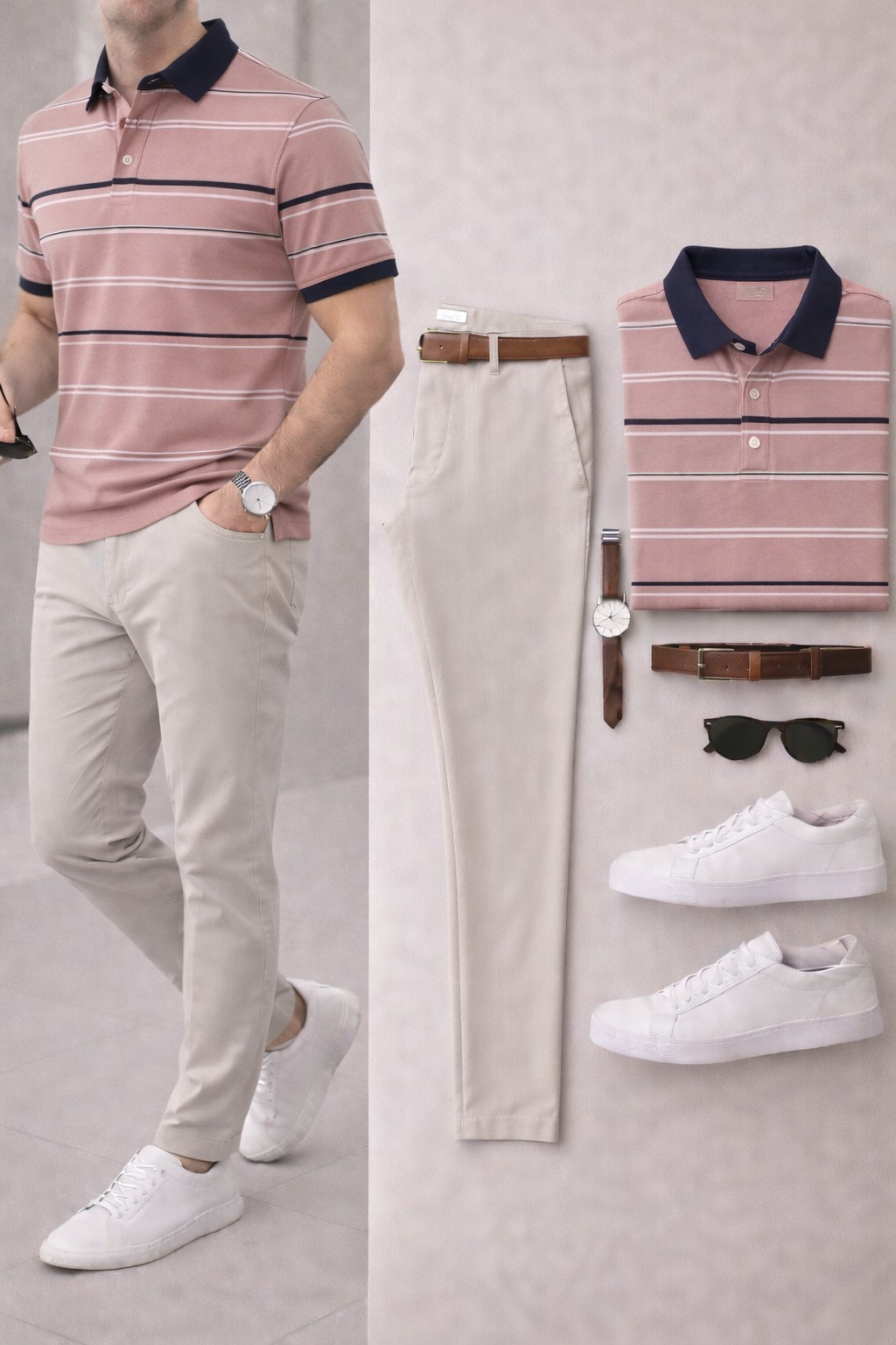 Men's Casual Navy Blue & Red Printed Polo Shirt And Pants Two-Piece Set