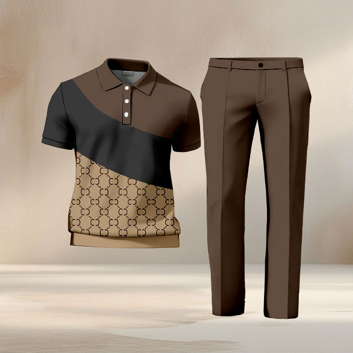 Men's Casual Coffee & Khaki Color Matching Asymmetric Vintage Printed Short Sleeved Polo Shirt & Trousers Two-Piece Set