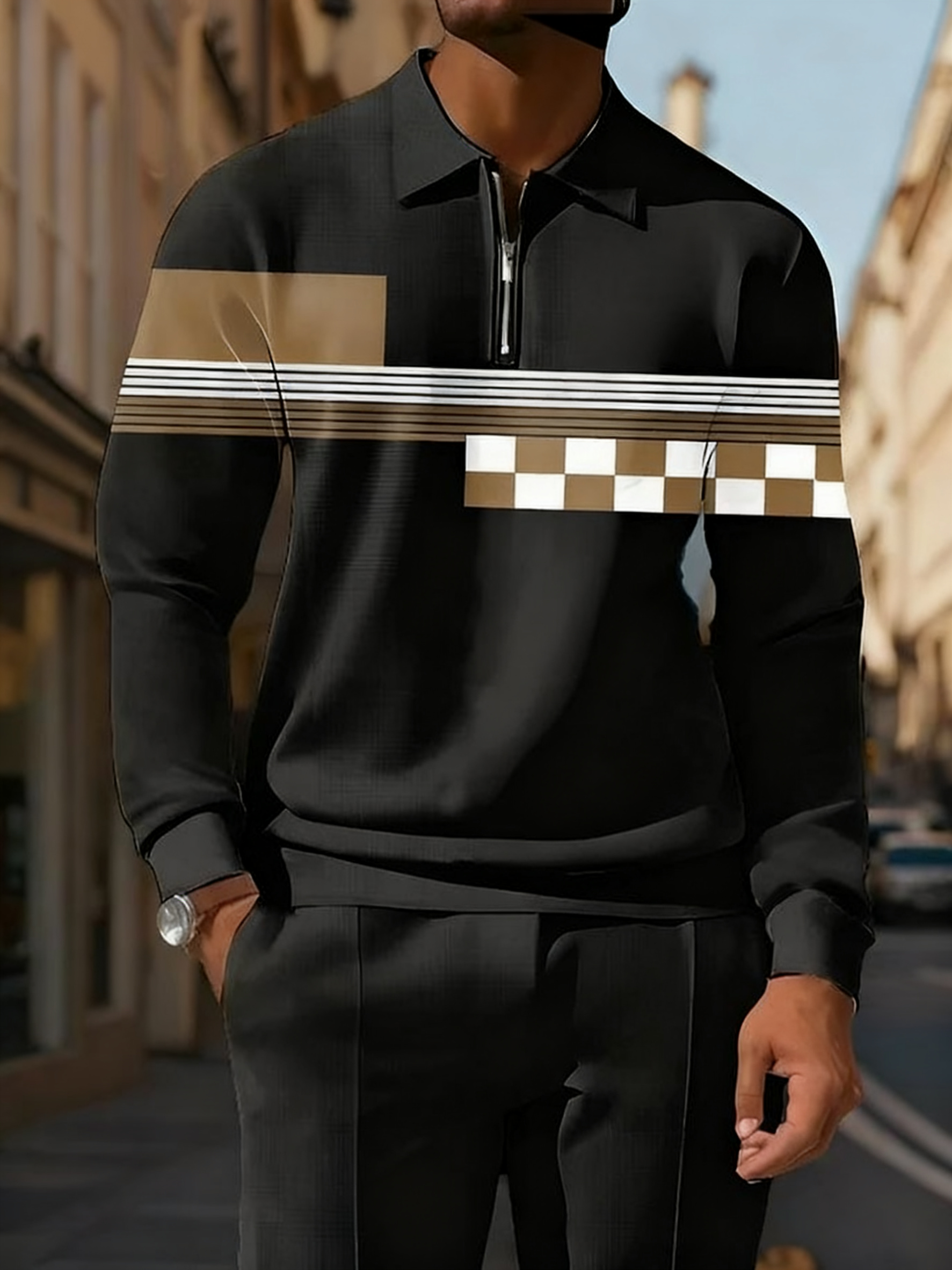 Men's Simple Khaki Black White Color Block Printed POLO Long-sleeved Trousers Two-piece Set