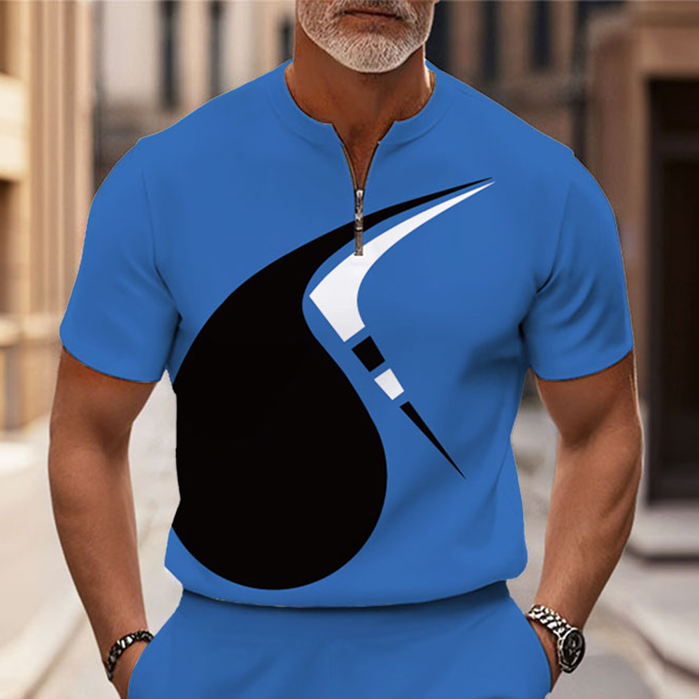 Men's Fashion Casual Round-Neck Geometric Printed Short-Sleeved Two-Piece Set