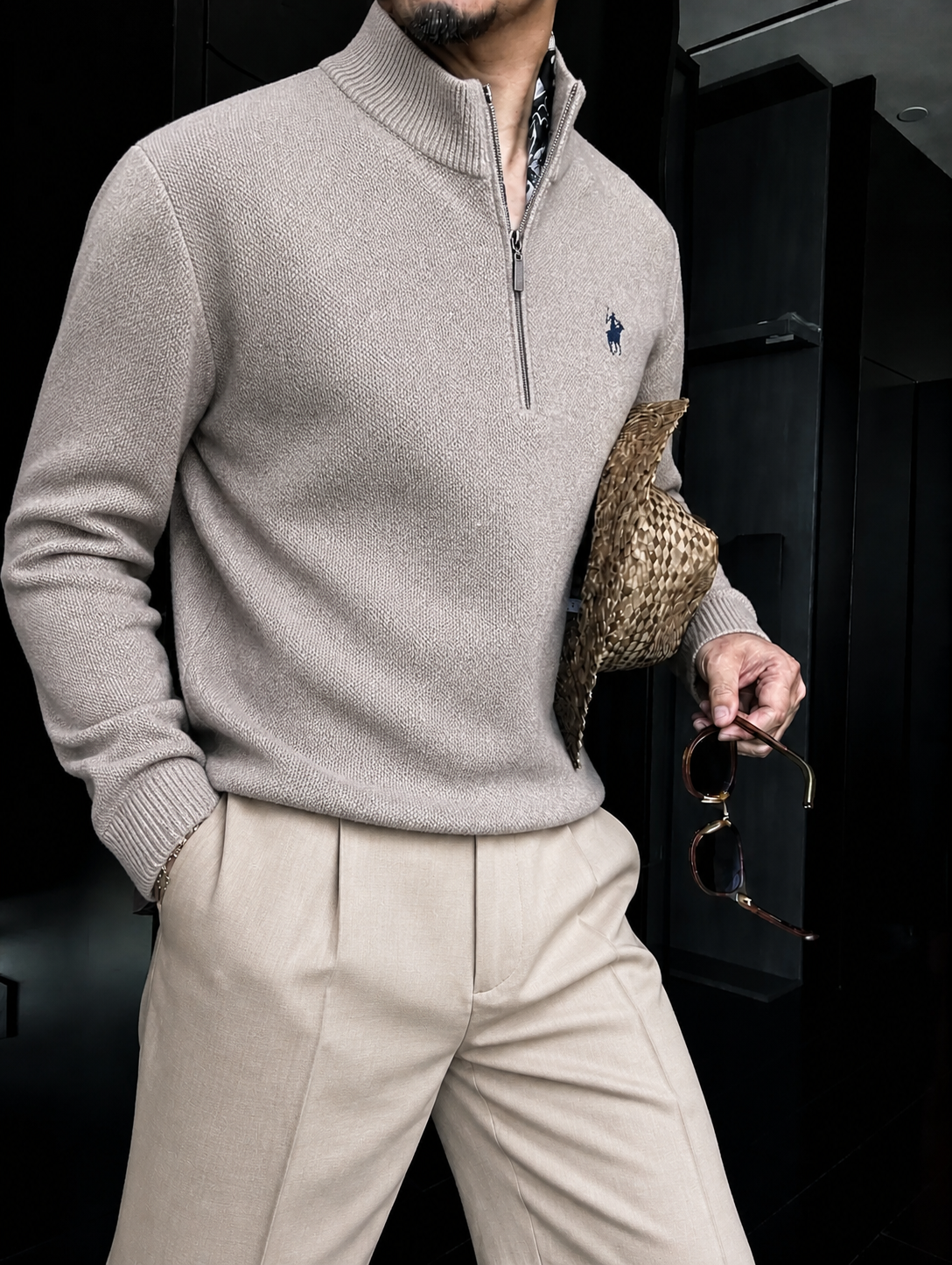 Men's Winter Fleece-Lined Zip-Up Turtleneck Sweater