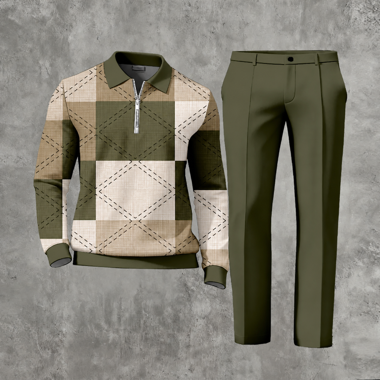 Men's Casual Color Matching Printed Polo-Collar Zipper Long Sleeved Trousers Two-Piece Set 1103