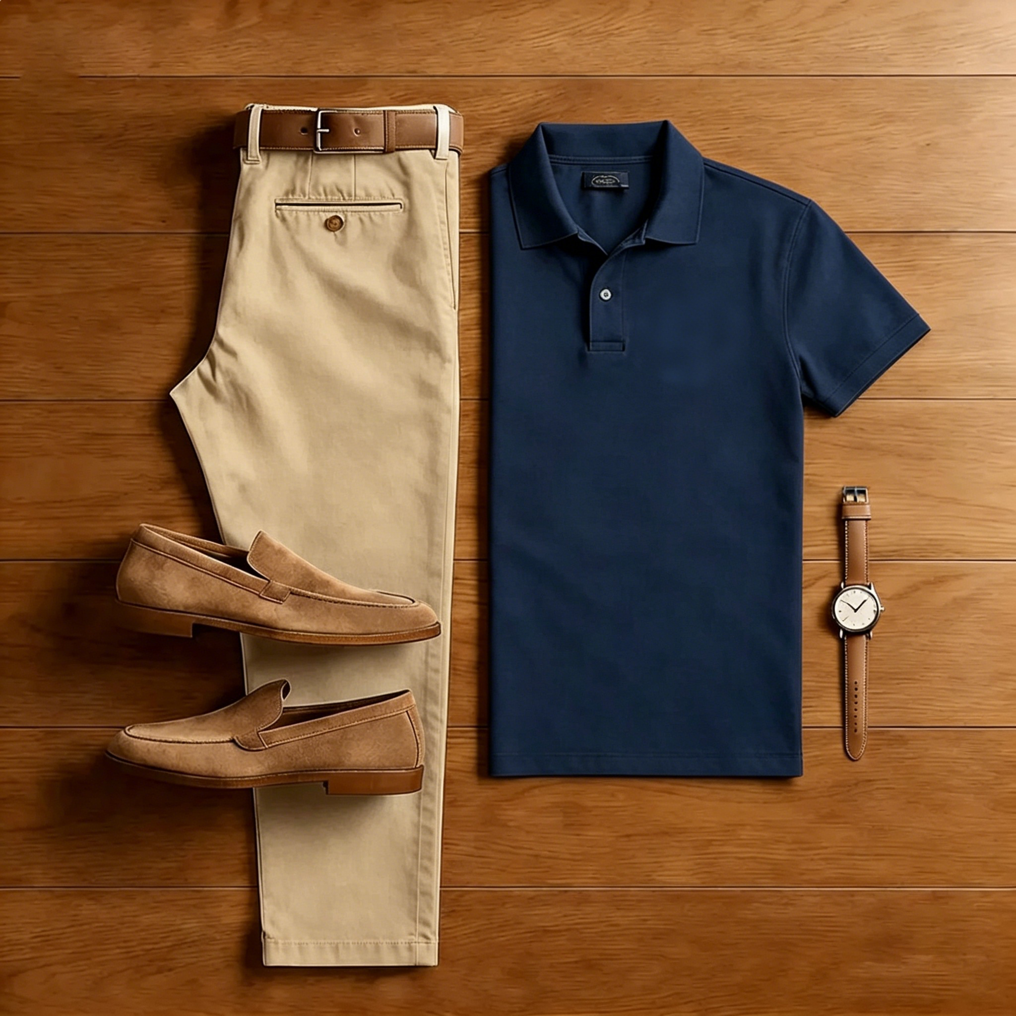 Men's Casual Navy Blue Polo Shirt And Brown Pants Two-Piece Set