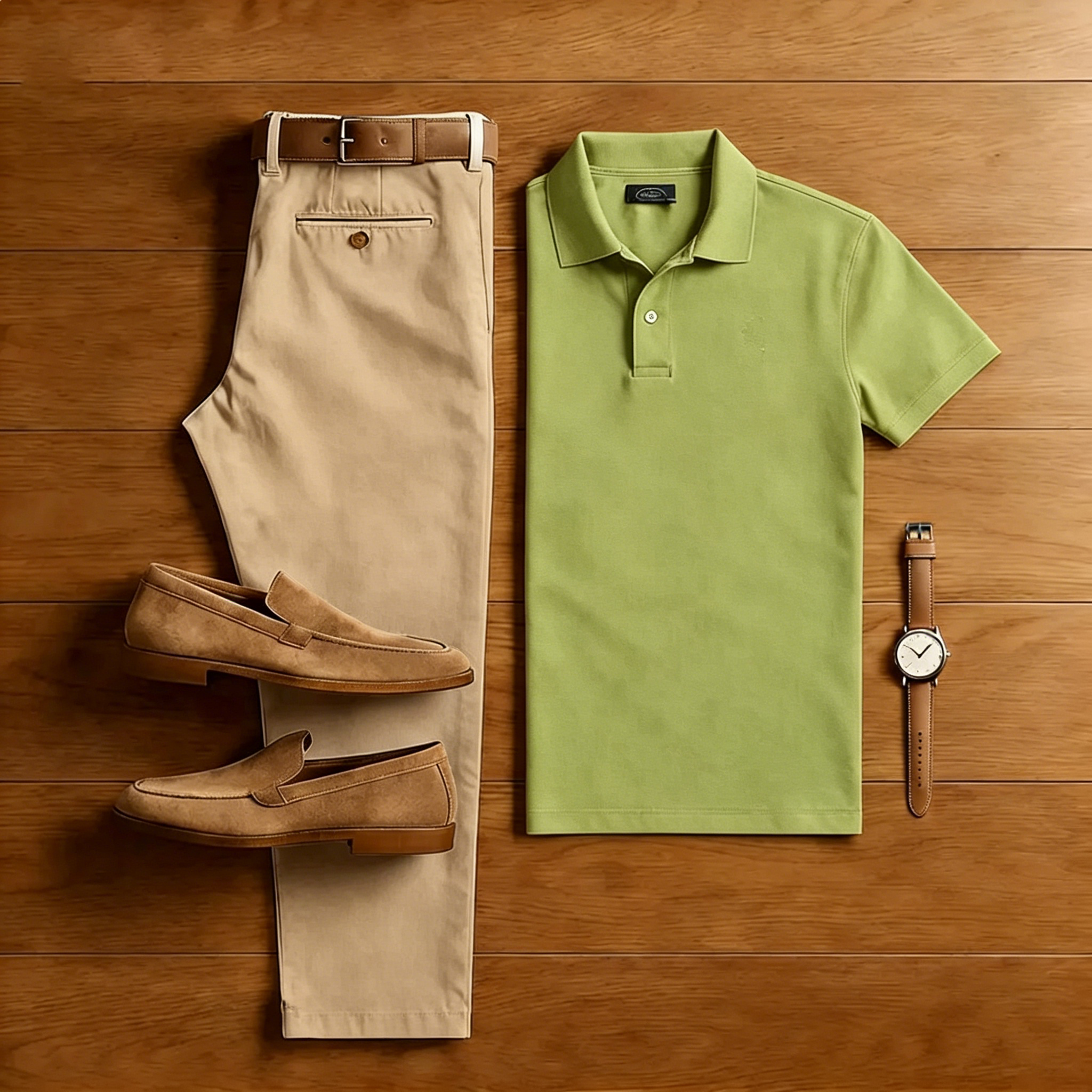 Men's Casual Green Polo Shirt And Brown Pants Two-Piece Set