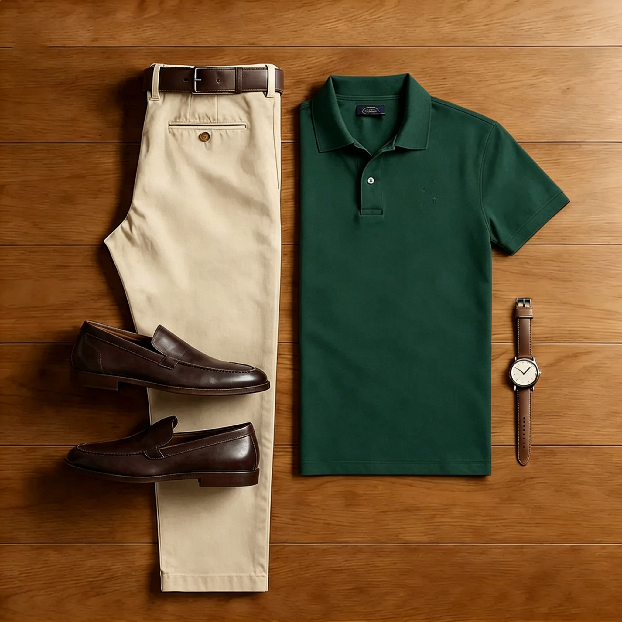 Men's Casual Dark Green Polo Shirt And Brown Two-Piece Set