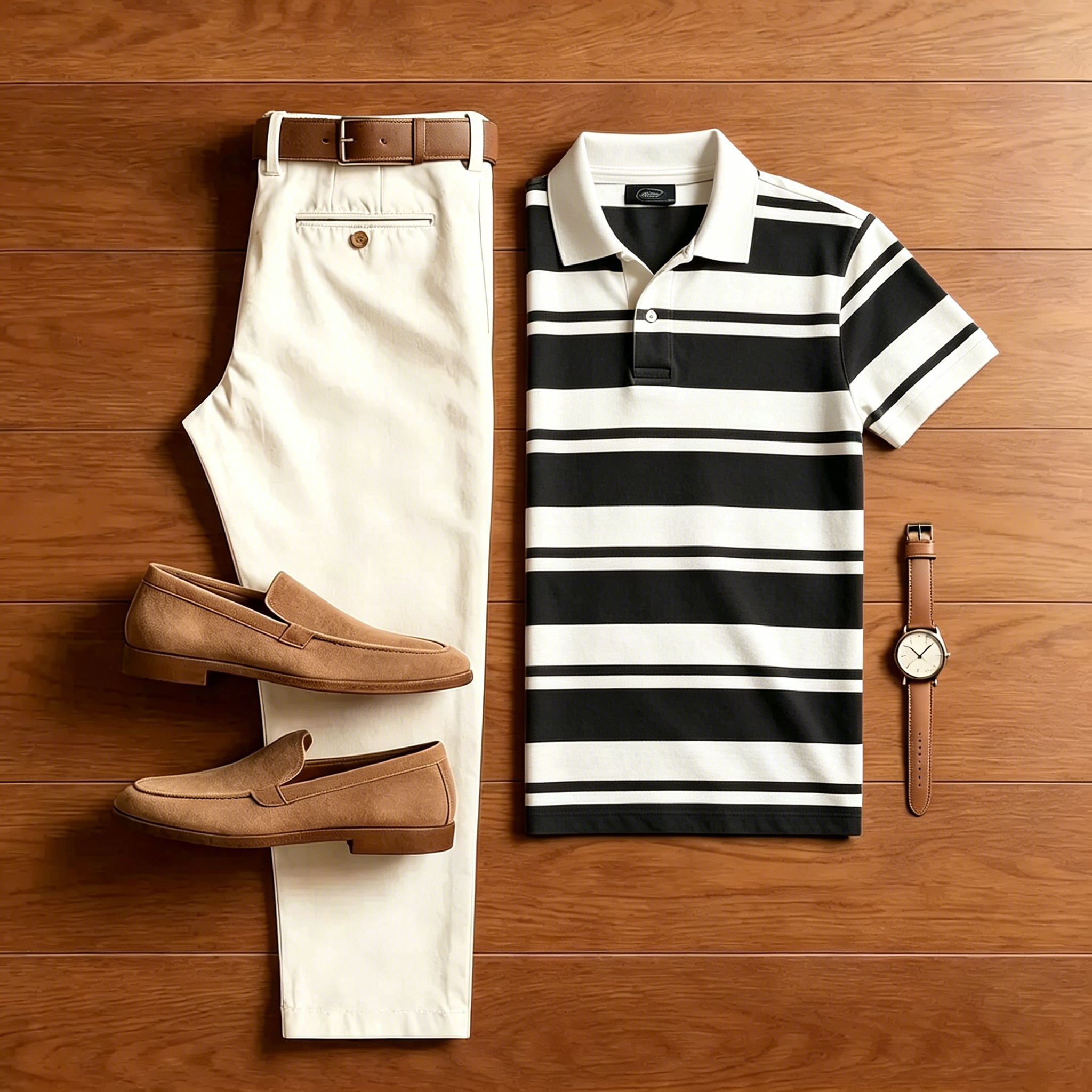 Men's Casual Black Striped  Polo Shirt And Off-white Two-Piece Set