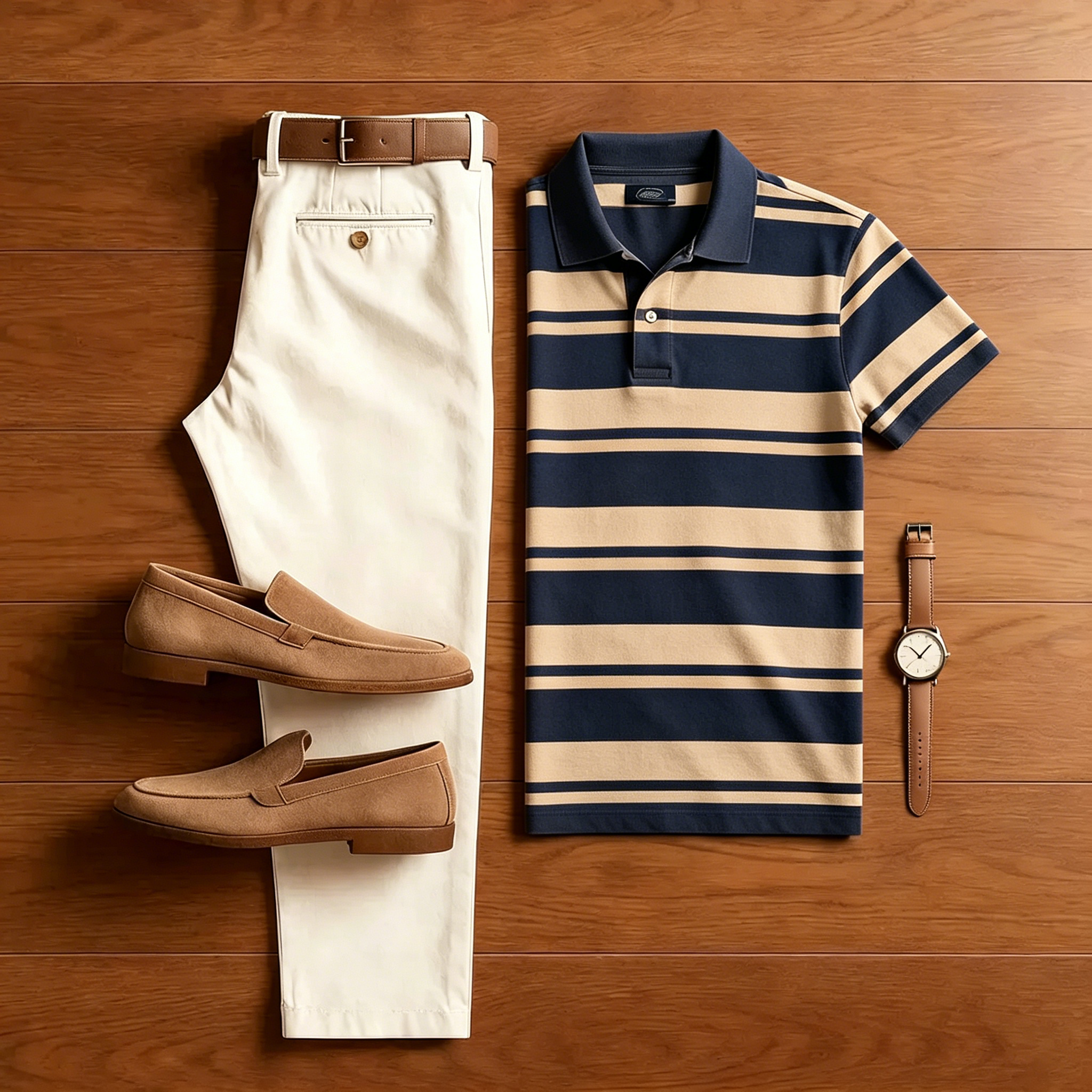 Men's Casual Navy Blue Striped  Polo Shirt And Off-white Two-Piece Set