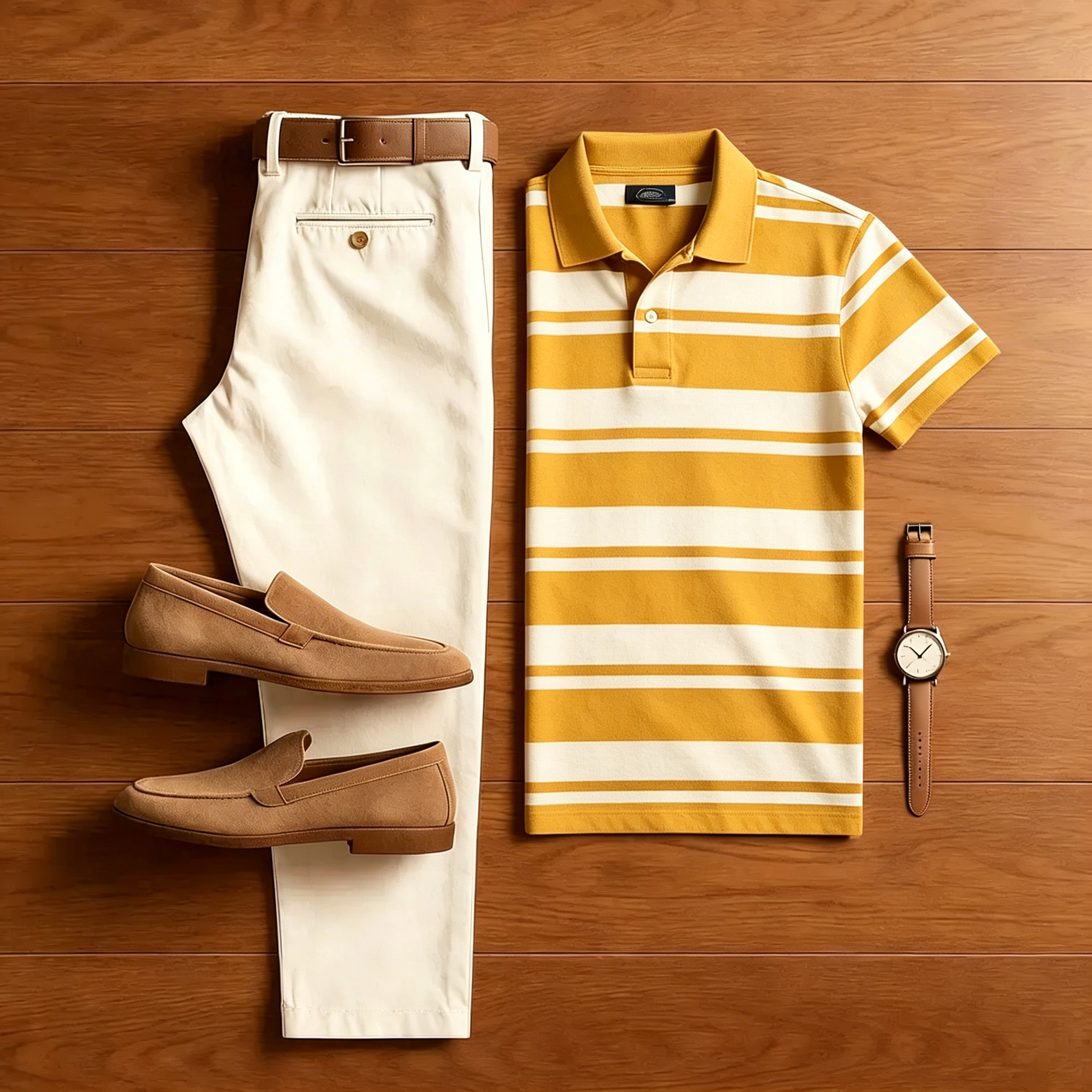 Men's Casual Yellow Striped  Polo Shirt And Off-white Two-Piece Set