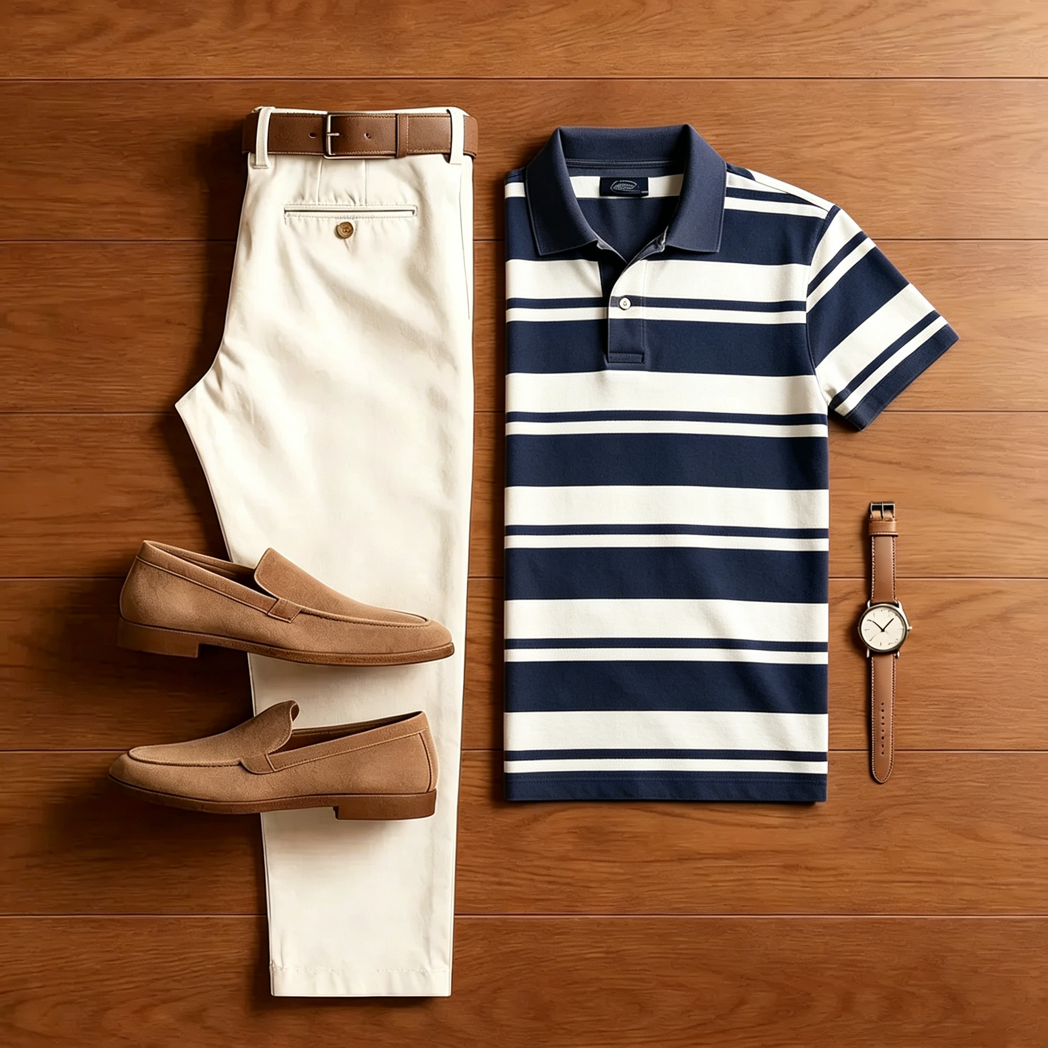 Men's Casual Navy Blue Striped  Polo Shirt And Off-white Two-Piece Set