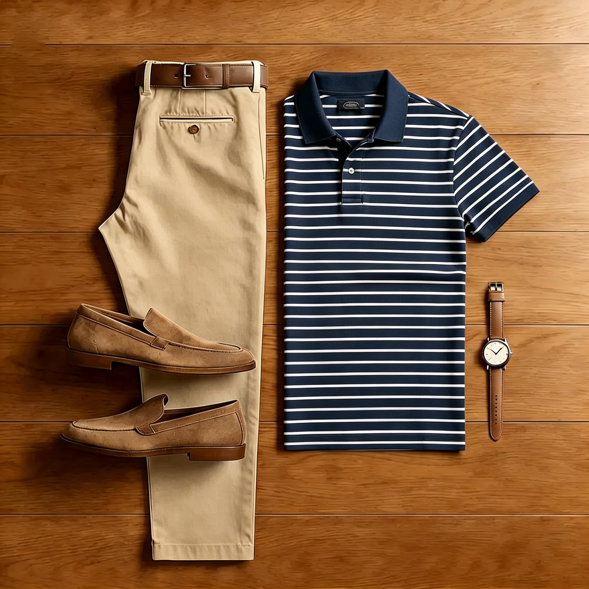 Men's Casual Navy Blue Striped Polo Shirt And Brown Pants Two-Piece Set