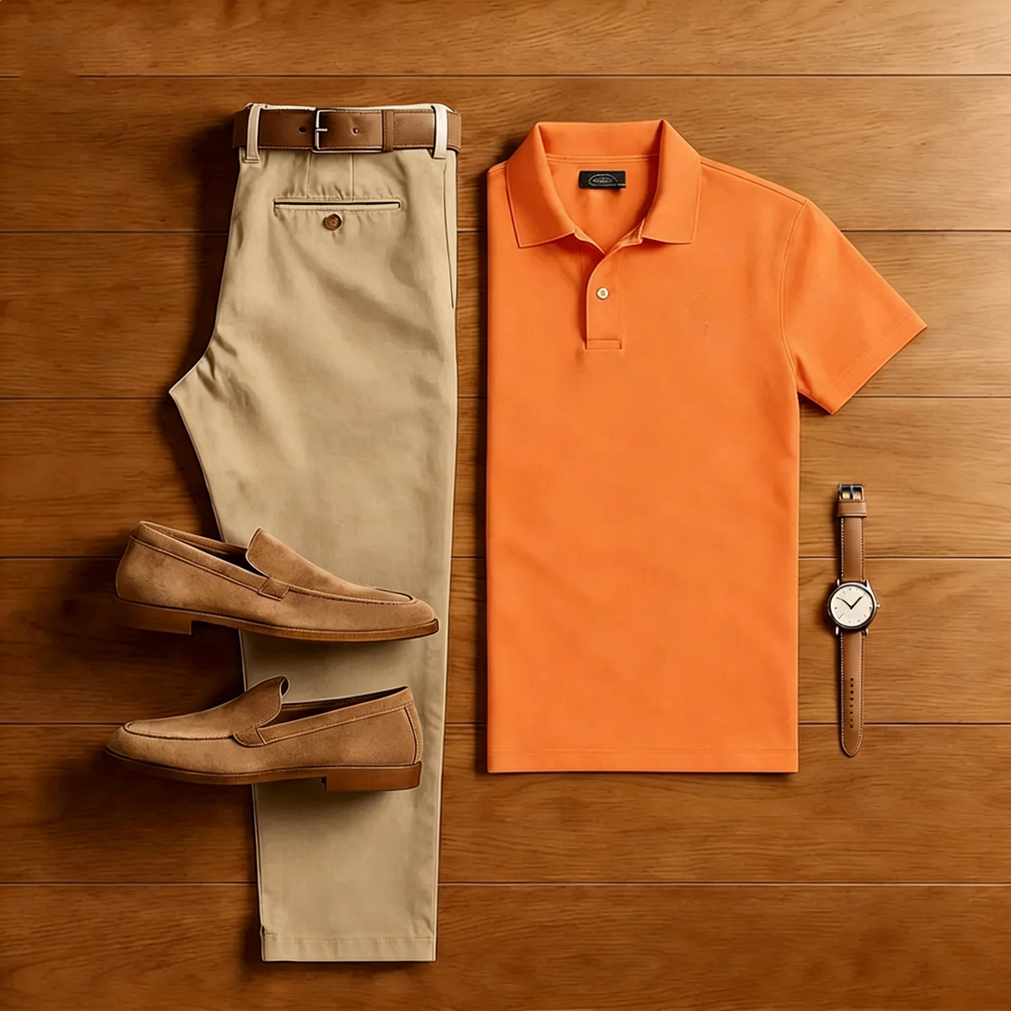 Men's Casual Orange Polo Shirt And Brown Pants Two-Piece Set