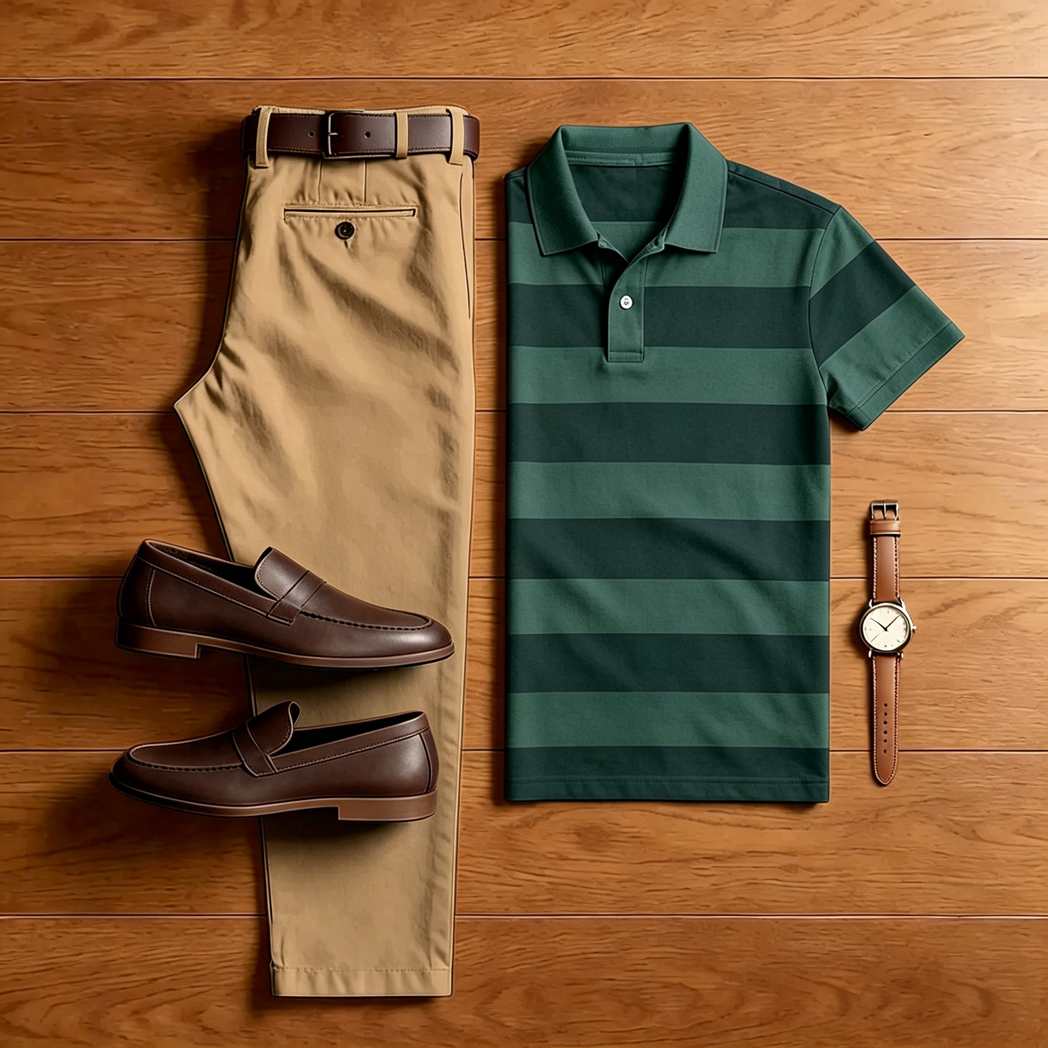 Men's Casual Green Striped Polo Shirt And Brown Pants Two-Piece Set