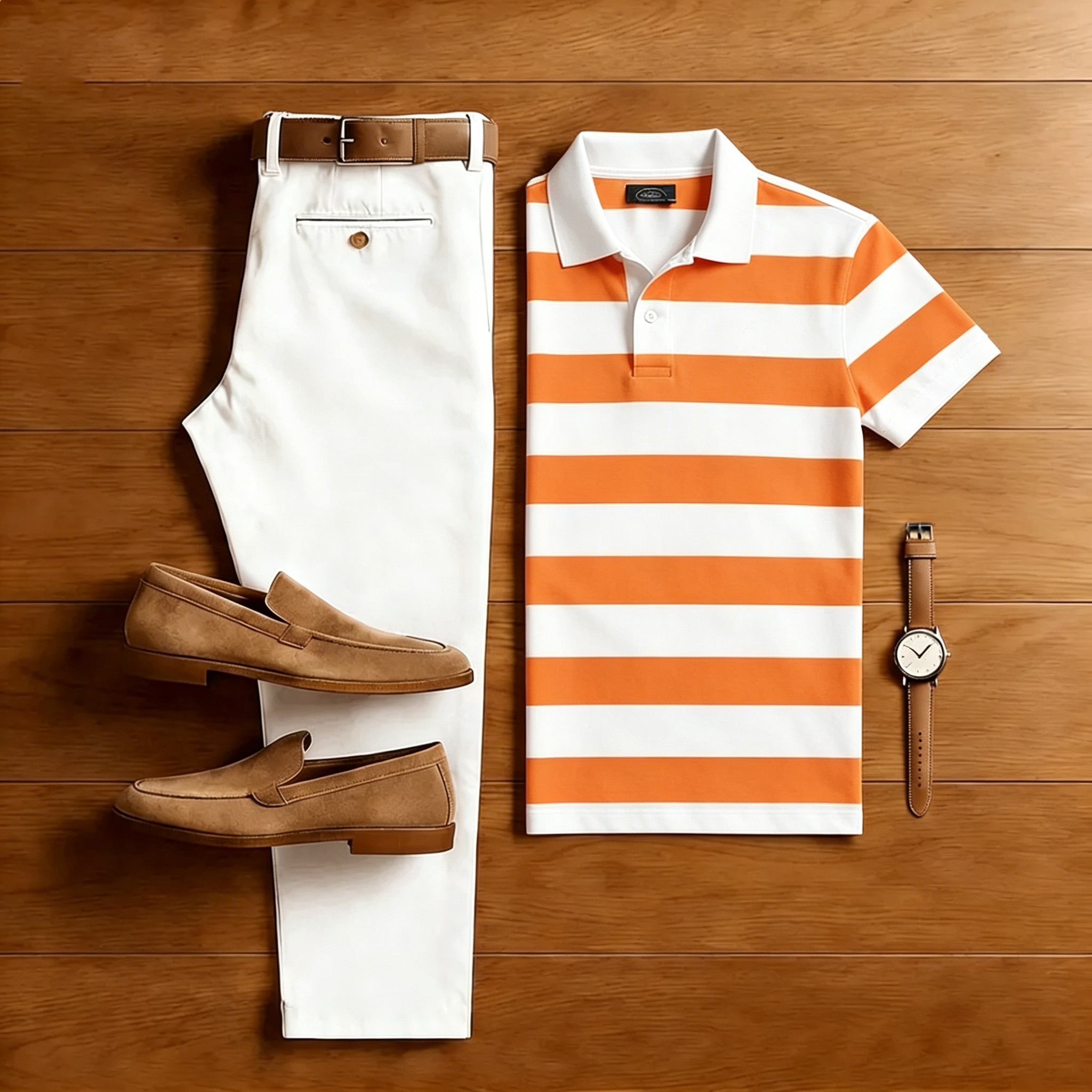 Men's Casual Orange Striped Polo Shirt And Off-white Pants Two-Piece Set