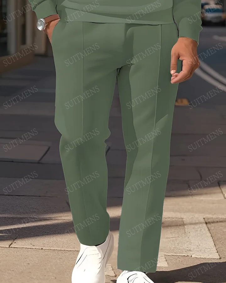 Men's Simple Black Green White Stripes King Printed POLO Long-sleeved Trousers Two-piece Set