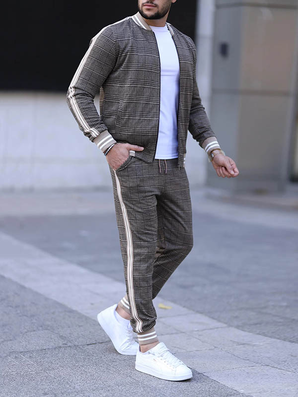 Men's Quilted Thick Plaid Long-Sleeved Jacket Trousers Two-Piece Set