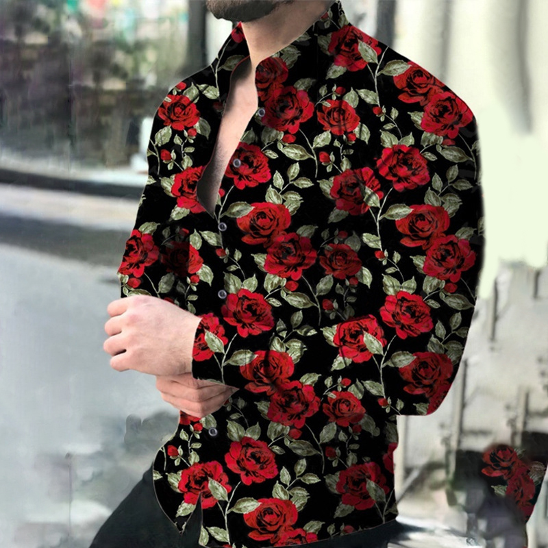 Men's Fashion Rose Print Button Shirt