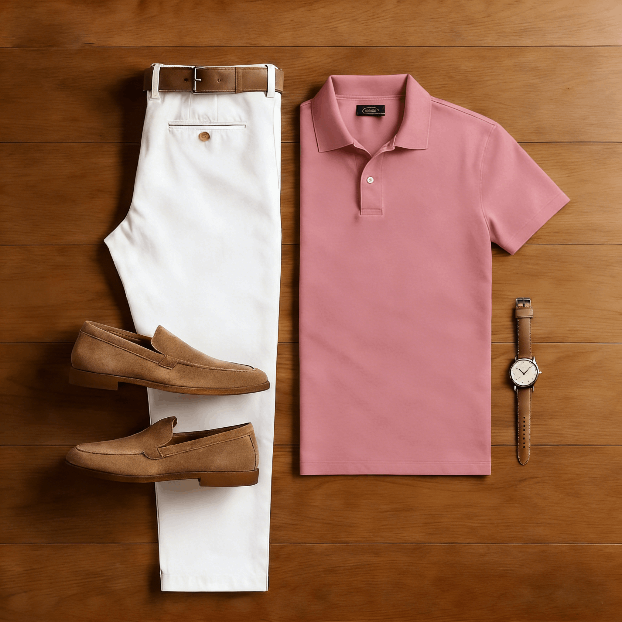Men's Casual Pink & White Solid Color Matching Sport Short Sleeved Polo Shirt & Trousers Two-Piece Set