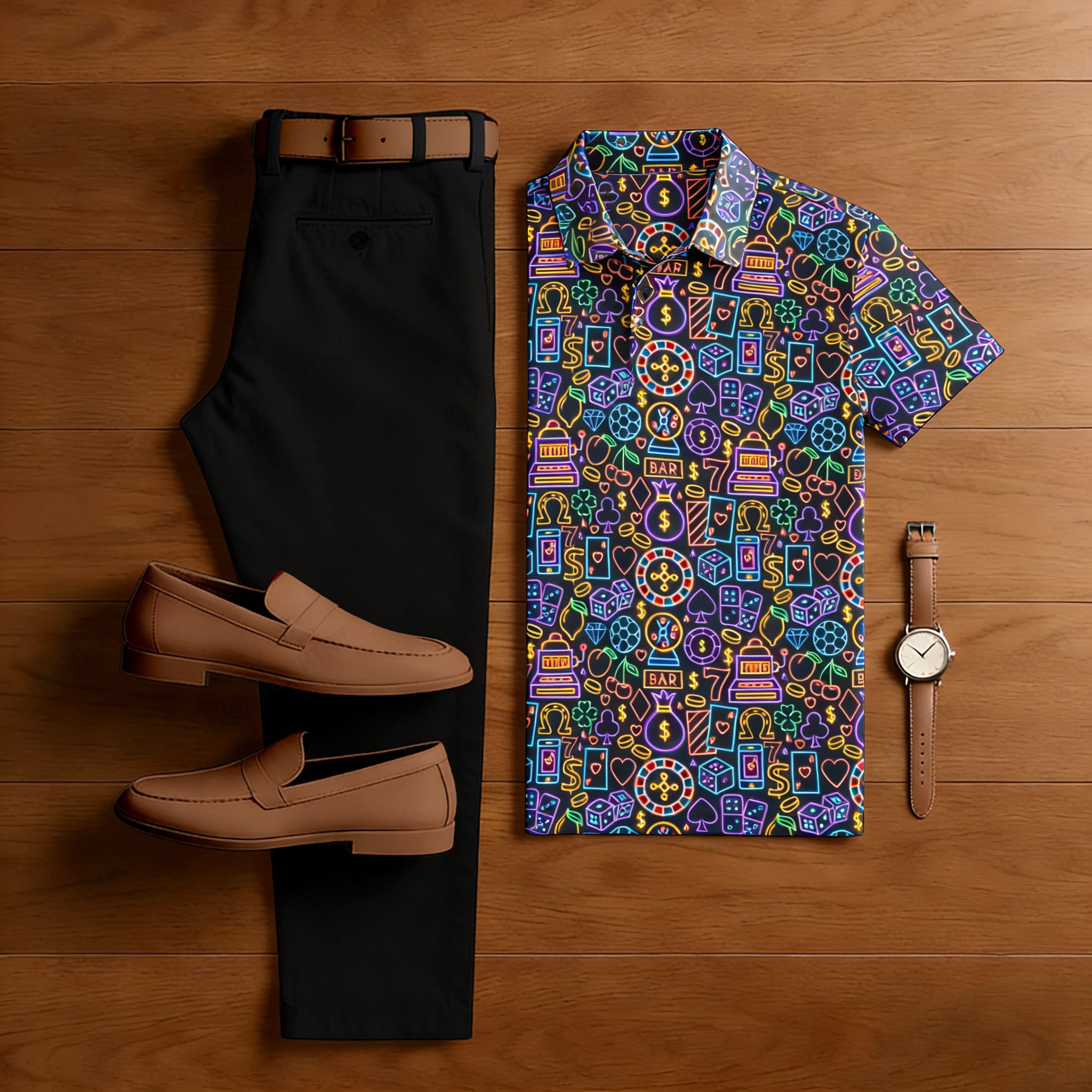 Men's casual neon print polo shirt and trousers two-piece set