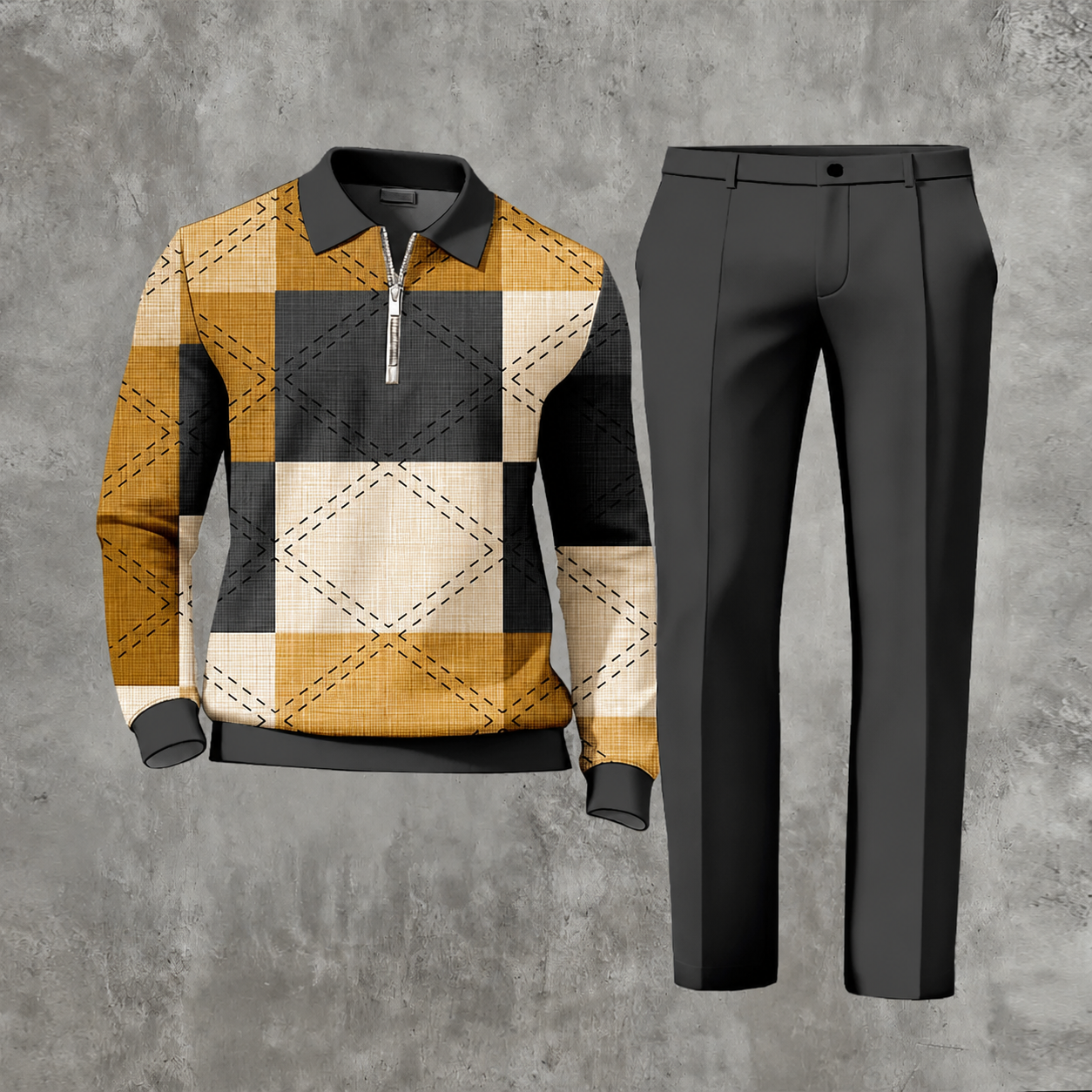 Men's Casual Color Matching Printed Polo-Collar Zipper Long Sleeved Trousers Two-Piece Set 1103