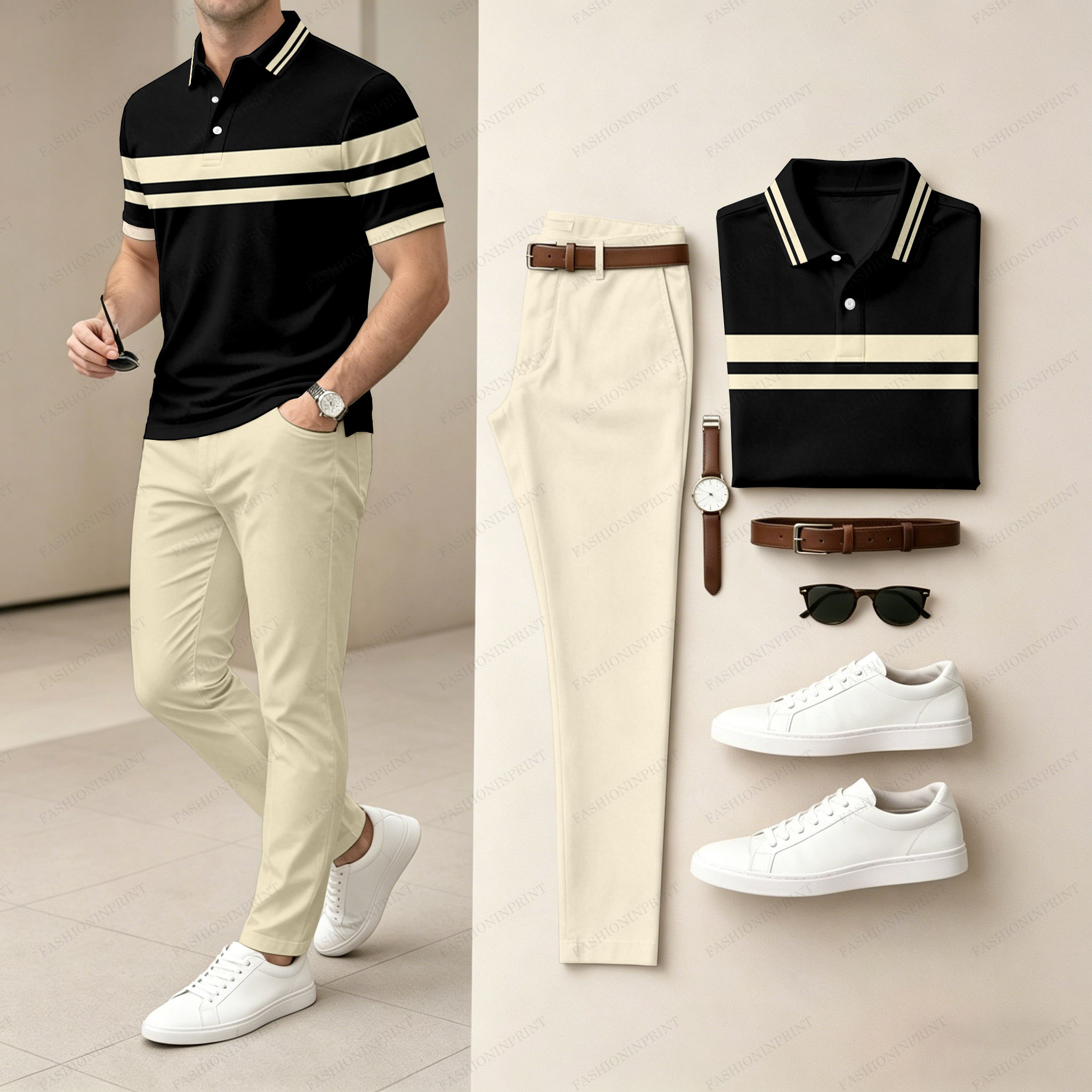 Men's Casual Black Geometry Printed Polo Shirt And Pants Two-Piece Set !205867