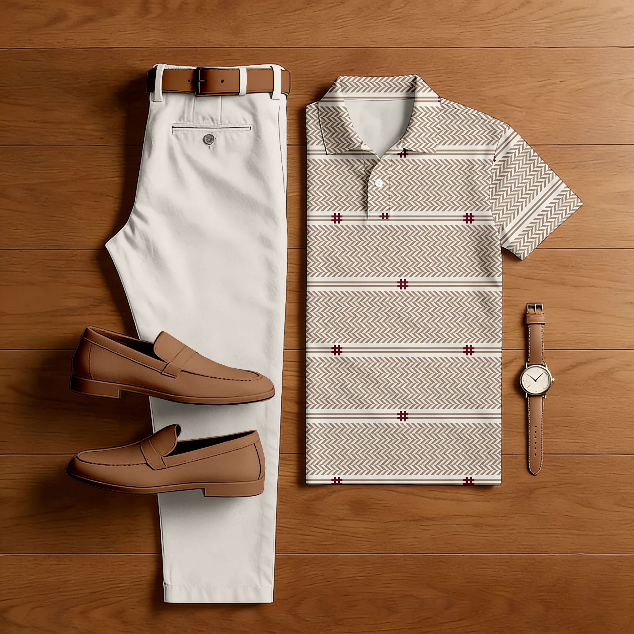 Men's Casual Beige Color Matching Printed Short Sleeved Polo Shirt & Trousers Two-Piece Set