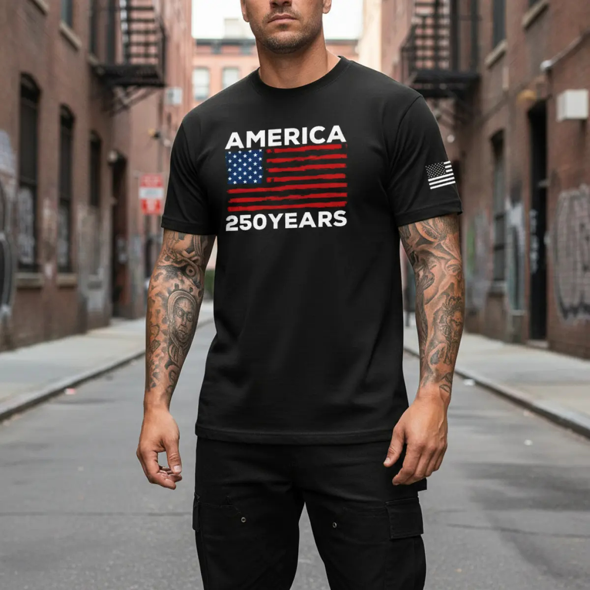 Men's Casual Navy Blue AMERICA Printed Short Sleeved Round Neck T-Shirt