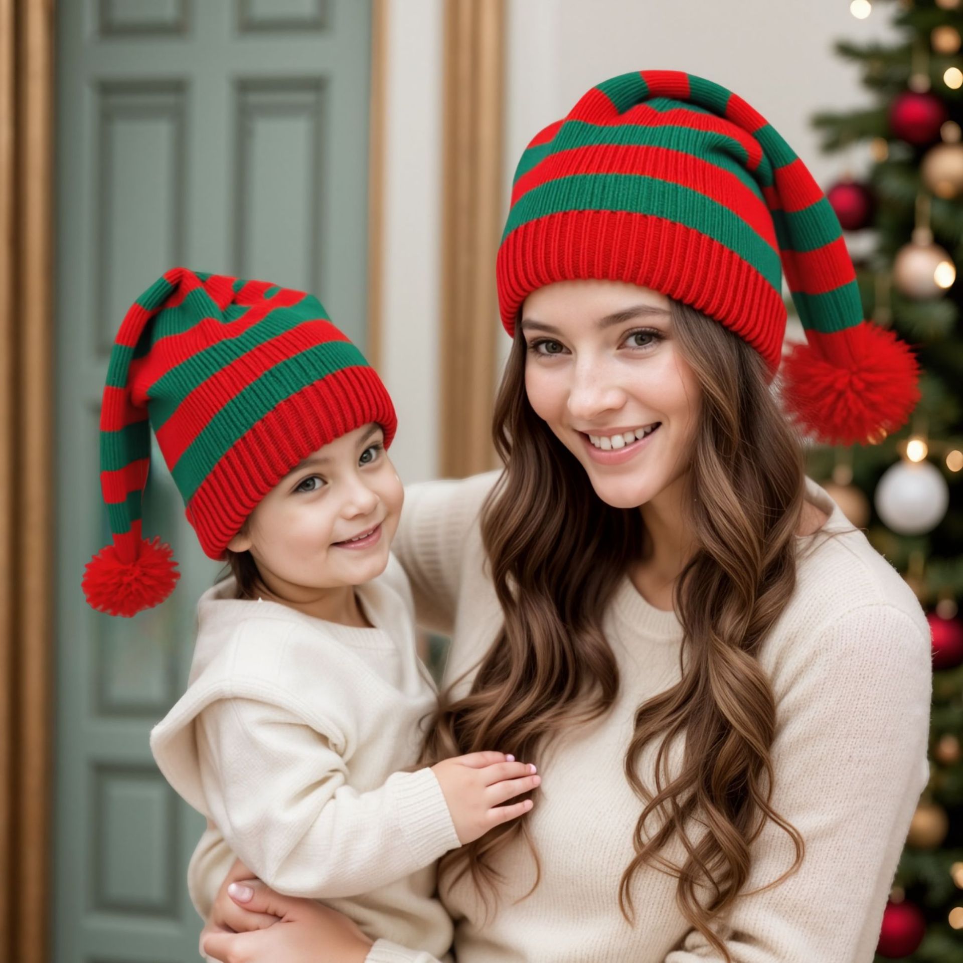 Parent-Child Red Striped Knitted Christmas Hats