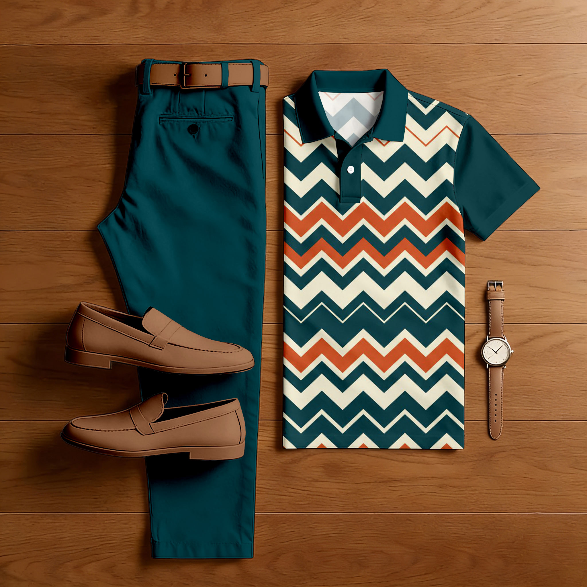 Men's Casual Dark Green & Yellow Color Matching Printed Short Sleeved Polo Shirt & Trousers Two-Piece Set