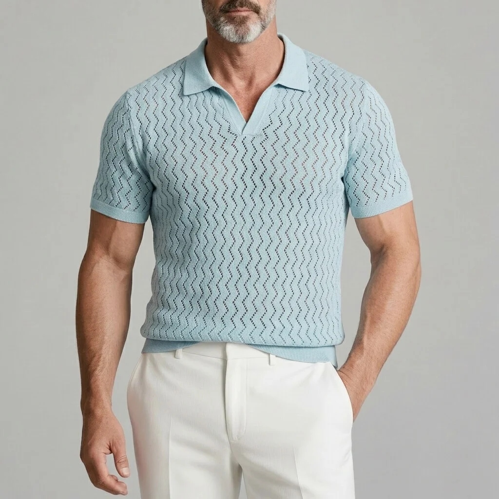 Men's Light Blue Wave Texture Hollow Out Turndown Collar Casual Polo Shirt