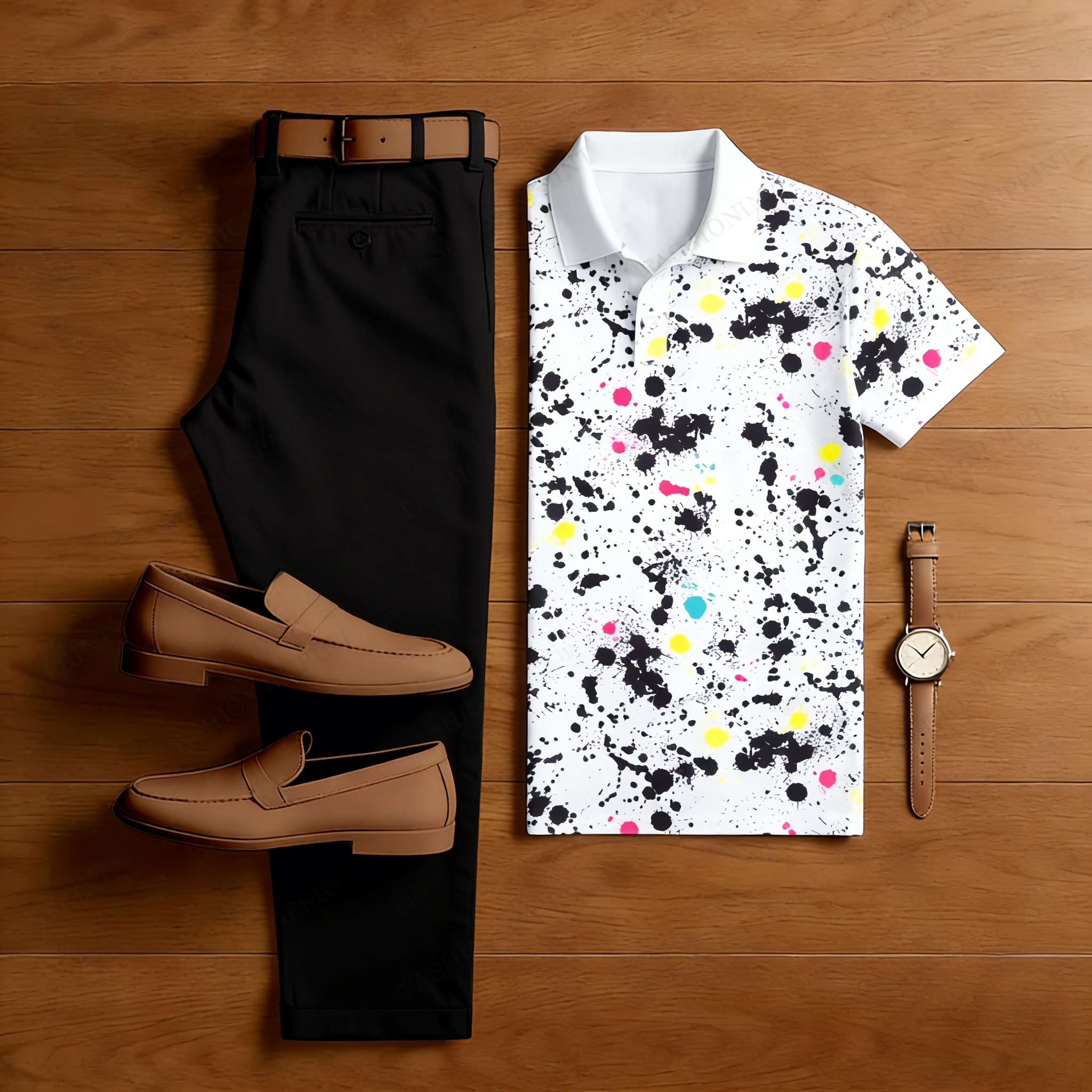 Men's Casual Ink-Painting Print Polo Shirt and Trousers Two-Piece Set