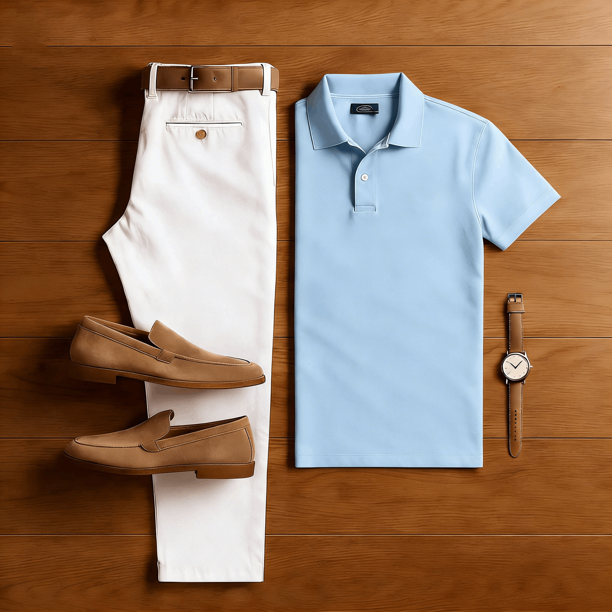 Men's Casual Blue & Beige Solid Color Matching Sport Short Sleeved Polo Shirt & Trousers Two-Piece Set