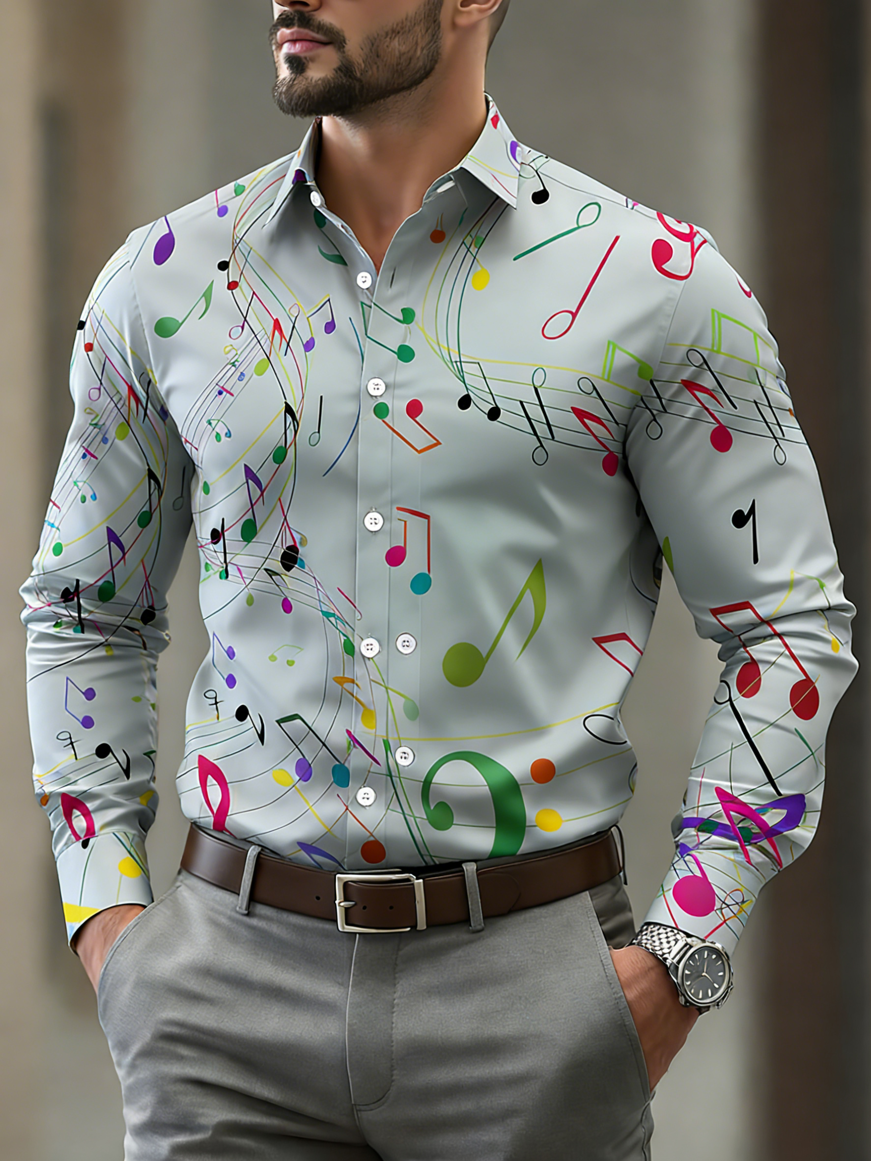 Men's Casual Light Green & Multi Color Music Print Long-Sleeve Shirt