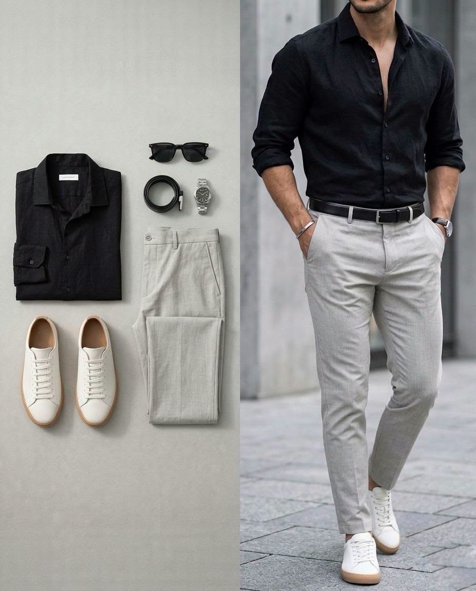 Men's Black Long Sleeve Shirt & Light Gray Pants 2 Piece Outfit Set