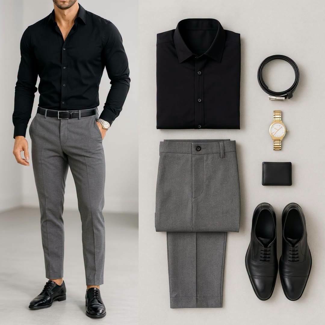 Men's Black Long Sleeve Shirt & Gray Pants 2 Piece Outfit Set