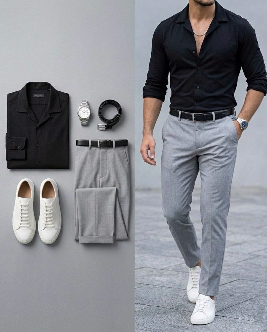 Men's Black Long Sleeve Shirt & Light Gray Pants 2 Piece Outfit Set