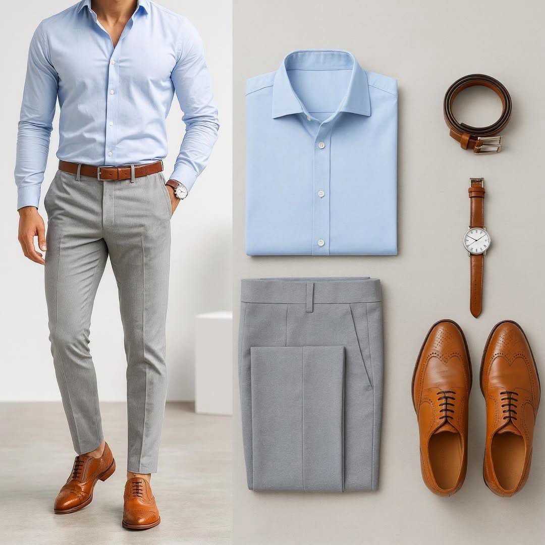 Men's Light Blue Long Sleeve Shirt & Light Gray Pants 2 Piece Outfit Set