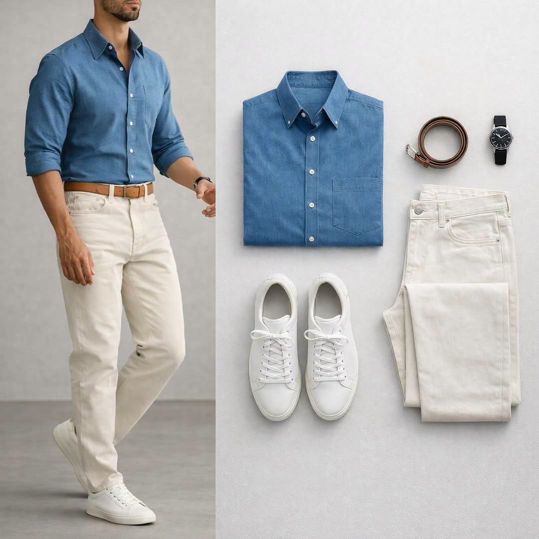 Men's Denim Blue Long Sleeve Shirt & Ivory Pants 2 Piece Outfit Set