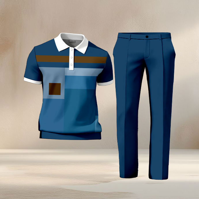Men's Casual Navy Blue Color Matching Geometric Printed Zipper Short Sleeved Polo Shirt & Trousers Two-Piece Set