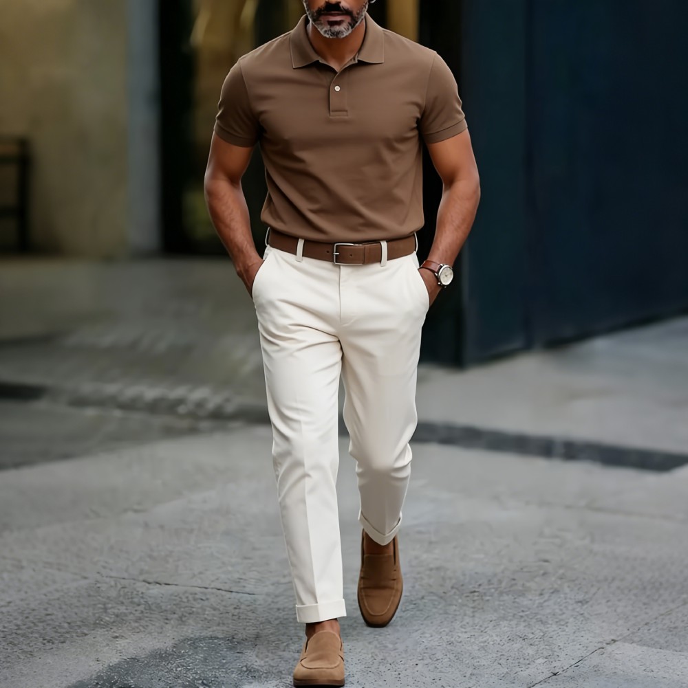 Men's Casual Coffee & Beige Color Matching Short Sleeved Polo Shirt & Trousers Two-Piece Set