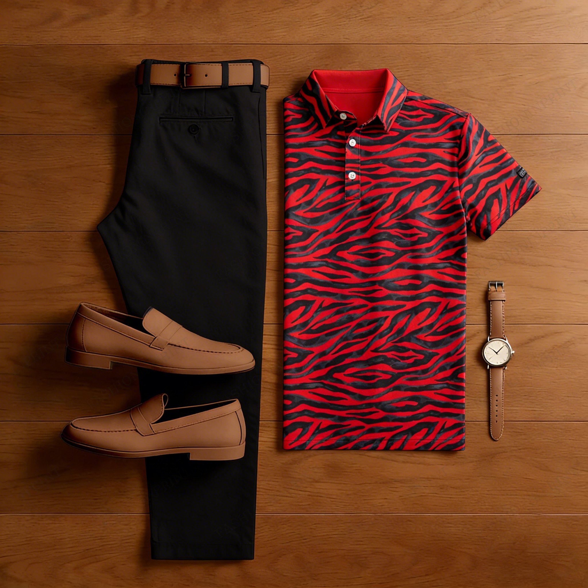 Men's casual animal print polo shirt and trousers two-piece set