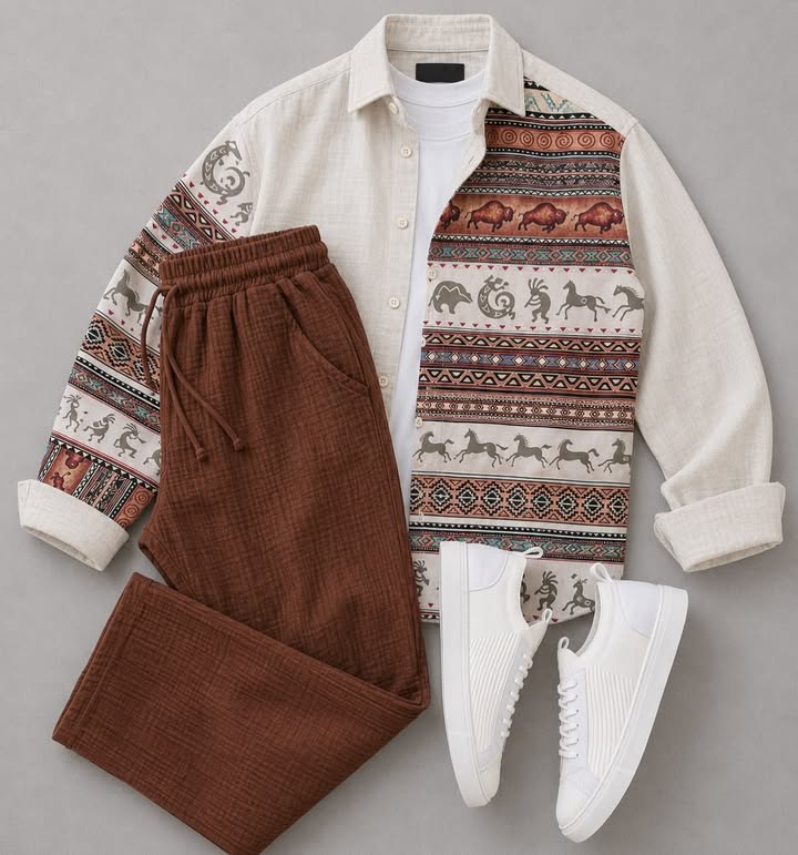 Men's Casual Long-Sleeve Shirt and Trousers Set