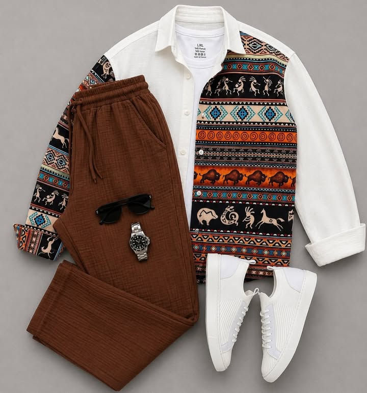 Men's Casual Long-Sleeve Shirt and Trousers Set
