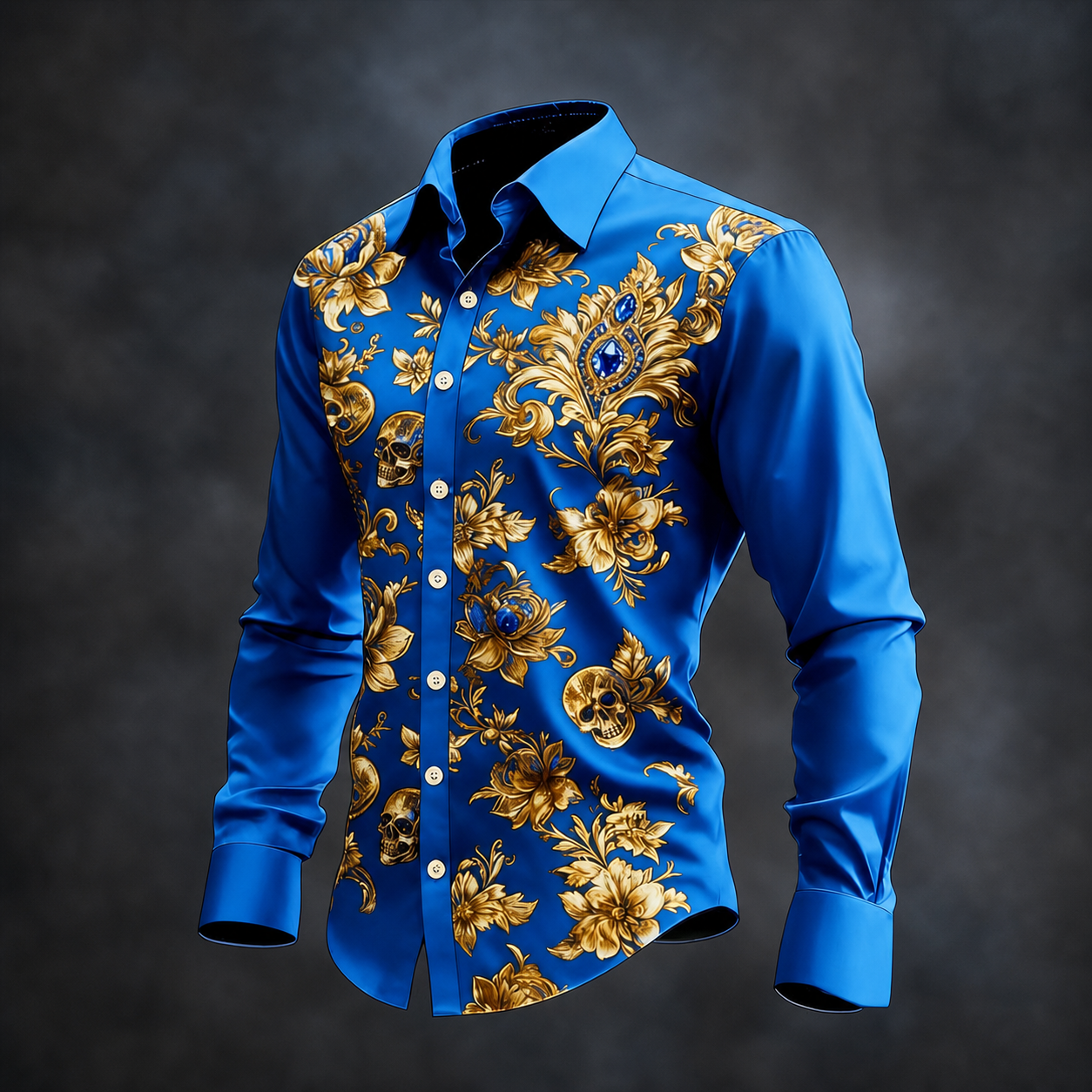 Men's Royal Blue Gold Floral Baroque Print Long Sleeve Button Down Shirt