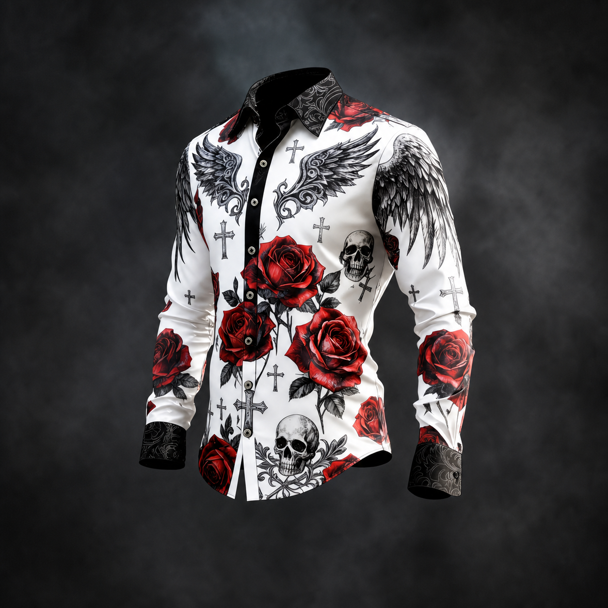 Men's White Skull Red Rose Wing Cross Graphic Long Sleeve Button Down Shirt