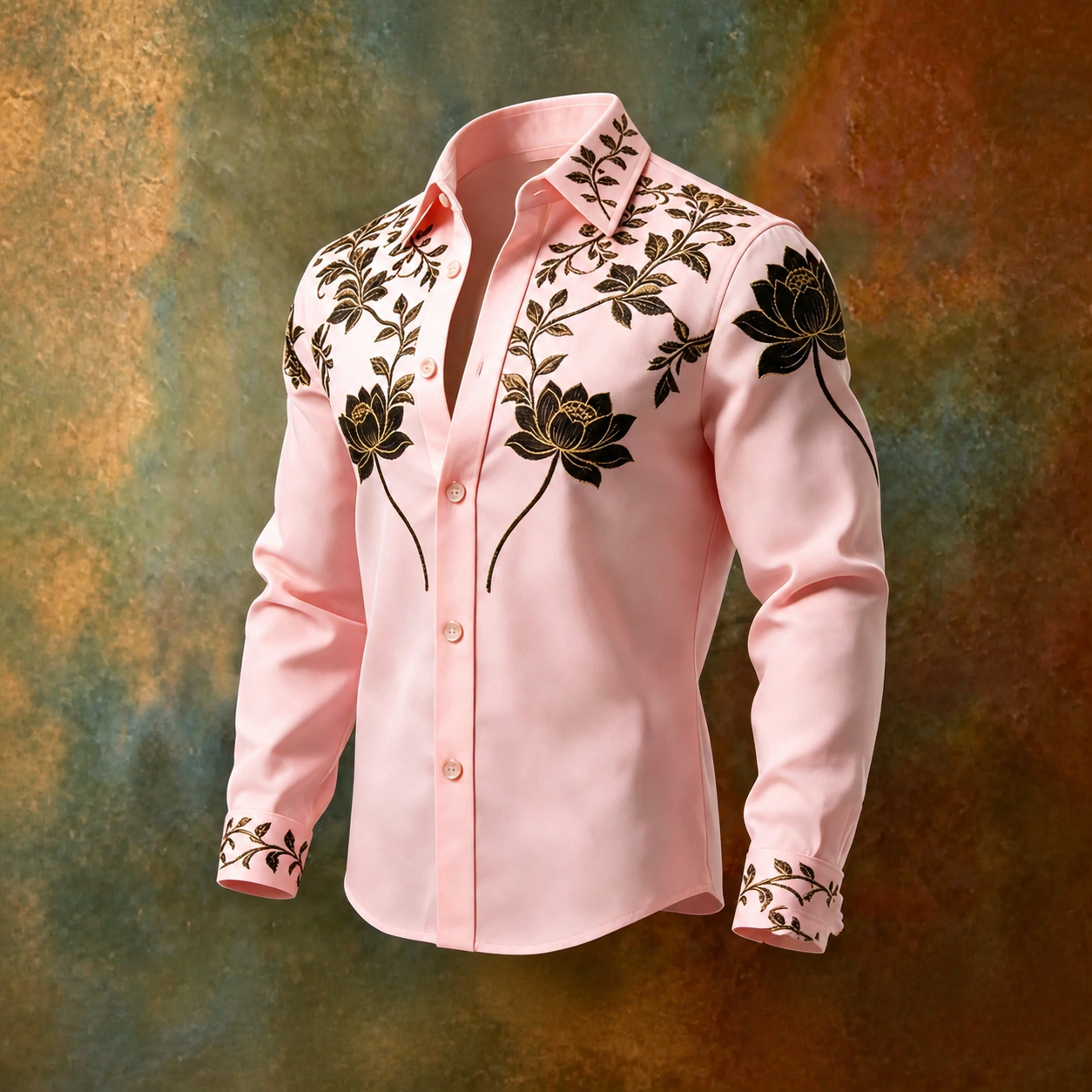 Men's Pink Black Floral Vine Print Long Sleeve Button Down Shirt